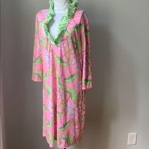 Gretchen Scott pink and green ruffle neck sheath